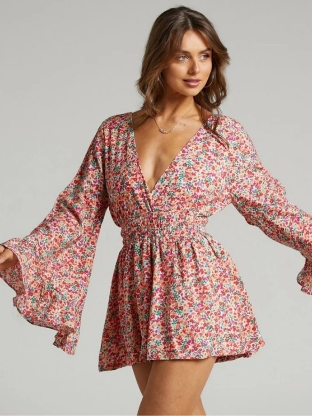 VICI Mila Long Ruffle Bell Sleeve Ditsy Floral Romper Sz-S